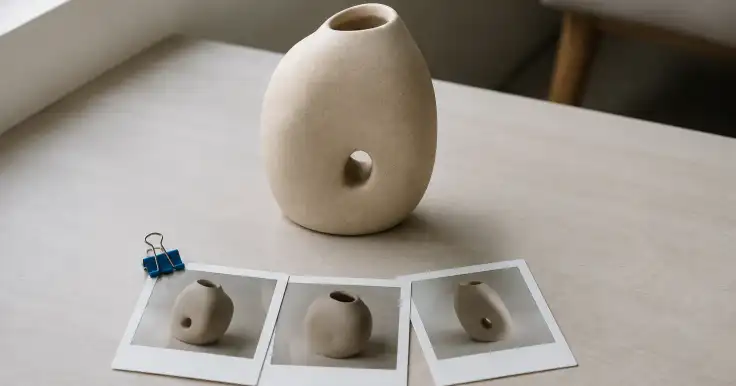 Objeto de cerámica beige sobre una mesa, acompañado de tres fotografías que lo muestran desde ángulos diferentes.