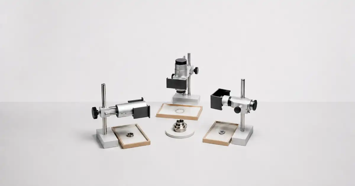 Tres instrumentos ópticos de laboratorio, con lentes y soportes, dispuestos alrededor de portamuestras.