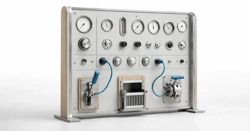 Panel de control de laboratorio con manómetros, mandos, palancas y cables azules.
