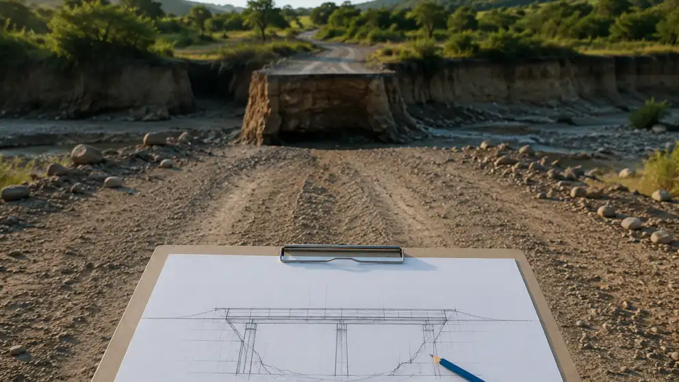 Plano de un puente sujeto a un tablero, frente a un camino de tierra interrumpido por un socavón.