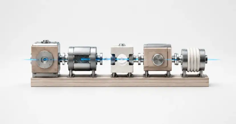 Módulos mecánicos alineados sobre una base y atravesados por una línea luminosa azul.