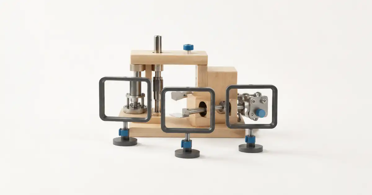 Dispositivo de madera con tres mecanismos visibles dentro de marcos rectangulares.