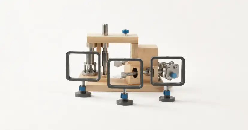Dispositivo de madera con tres mecanismos visibles dentro de marcos rectangulares.