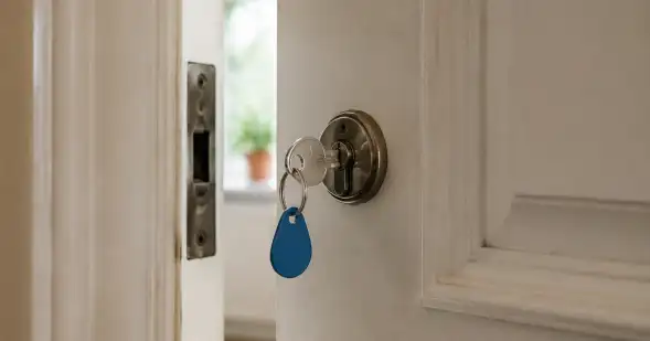 Llave con etiqueta azul insertada en la cerradura de una puerta blanca entreabierta.