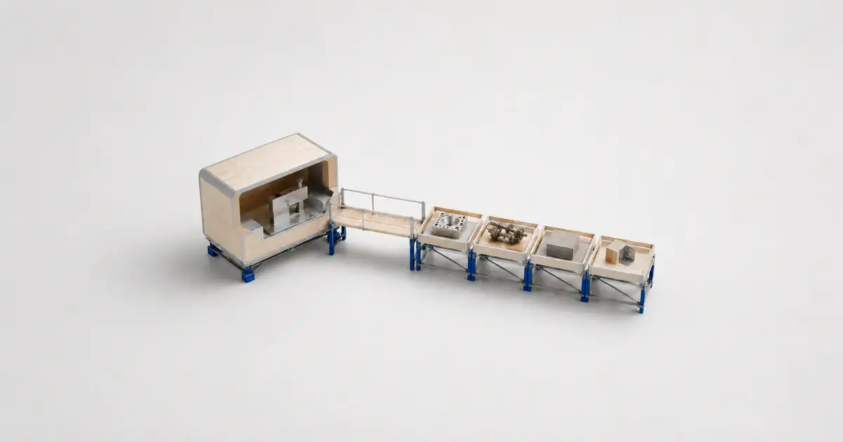 Maqueta de una línea transportadora con una tolva y varias bandejas que contienen materiales distintos.