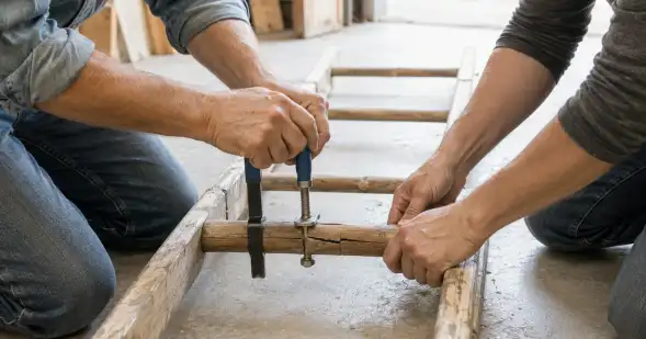 Dos personas sujetan con dos sargentos una grieta en un travesaño de madera.