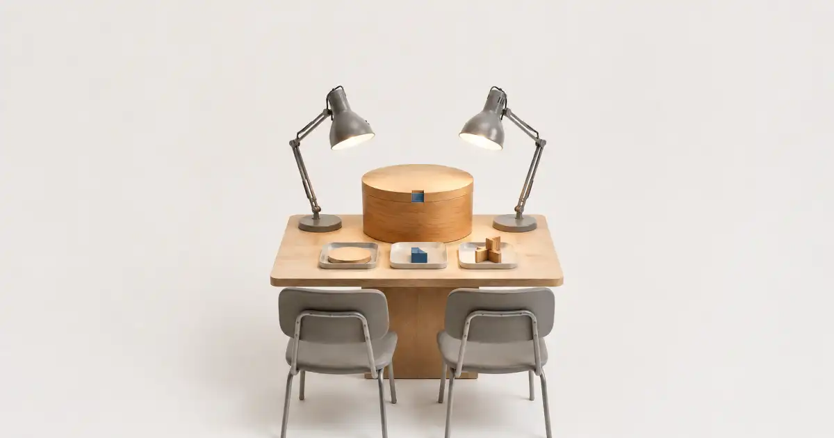 Mesa de trabajo para dos personas, con lámparas, sillas y varias piezas de madera organizadas.