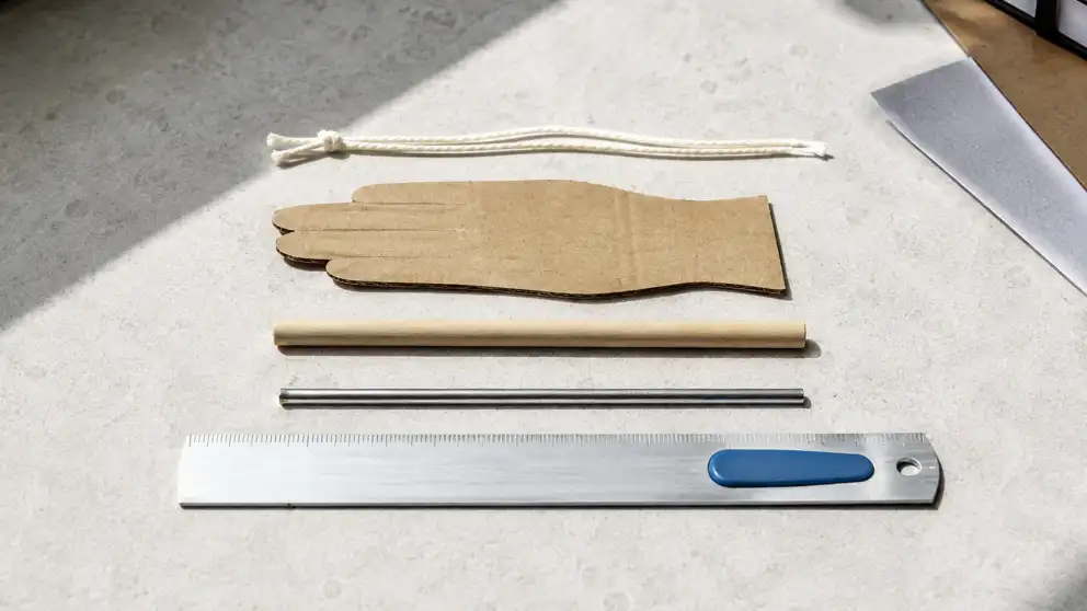 Cordón, plantilla de mano de cartón, listón de madera, varillas metálicas y regla alineados sobre una mesa.