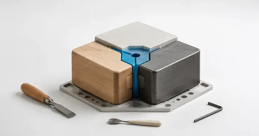 Bloques de madera, cerámica blanca y metal unidos alrededor de una pieza azul, con herramientas a los lados.