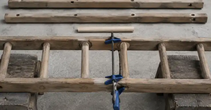 Dos sargentos sujetan el travesaño central de una escalera de madera; otras piezas están dispuestas arriba.