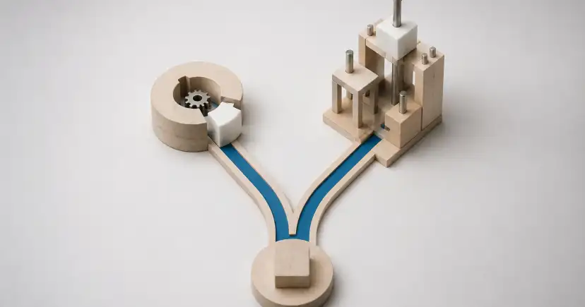 Camino de madera bifurcado hacia un mecanismo circular con un engranaje y una estructura de postes a varios niveles.