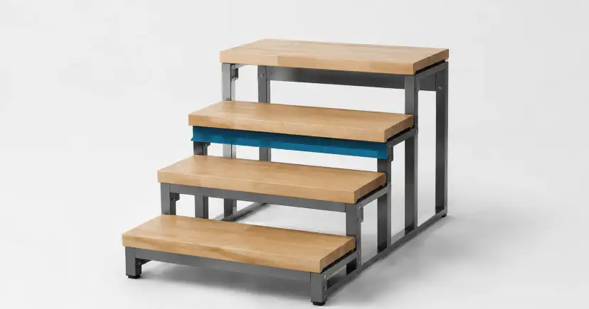 Escalera de cuatro peldaños de madera con estructura metálica negra y un travesaño azul.