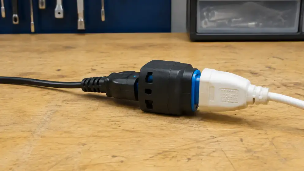 Dos cables eléctricos conectados mediante un adaptador sobre una mesa de trabajo.
