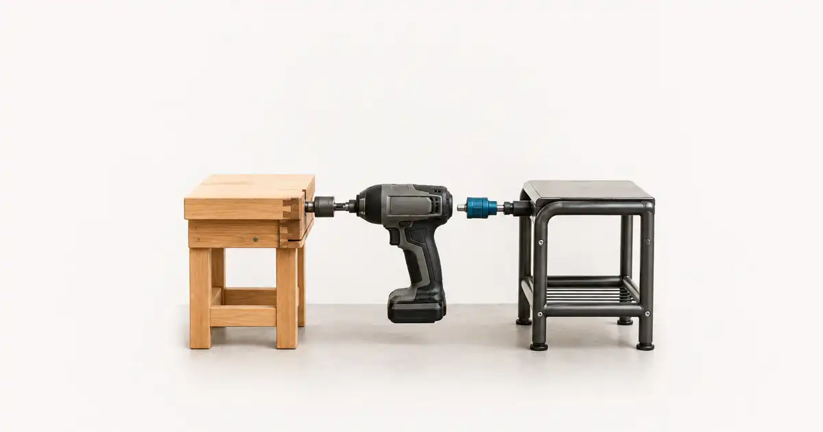 Taladro inalámbrico entre un banco de madera y otro de metal, unido a ambos mediante adaptadores.
