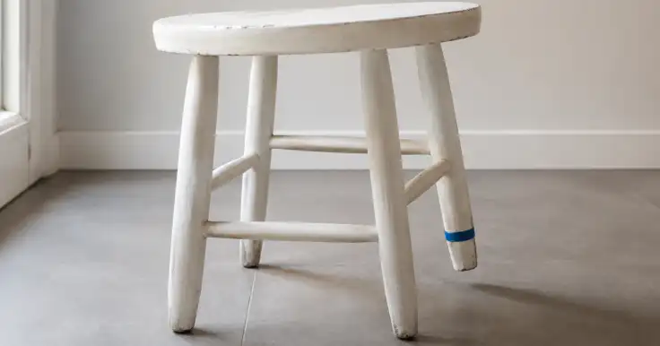 Banco de madera blanco con una banda azul alrededor de una de sus patas.