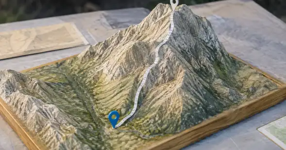 Maqueta de una cordillera con una cinta de medición extendida entre dos marcadores.