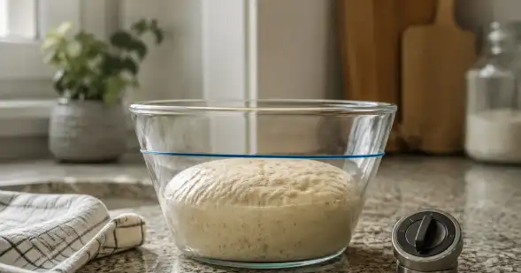 Masa fermentada dentro de un recipiente de vidrio, junto a un temporizador de cocina.