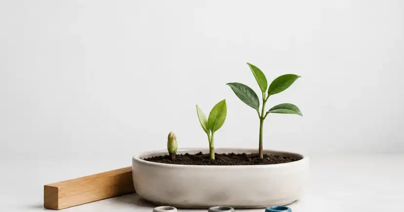 Tres brotes en distintas etapas de crecimiento plantados en un mismo recipiente.