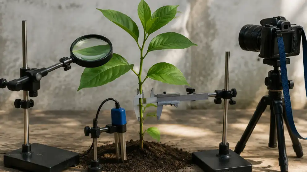 Planta examinada con una lupa, un calibrador, un sensor y una cámara fotográfica.