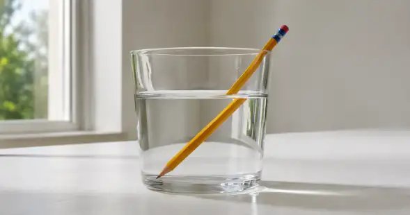 Lápiz parcialmente sumergido en un vaso de agua que parece doblarse en la superficie.
