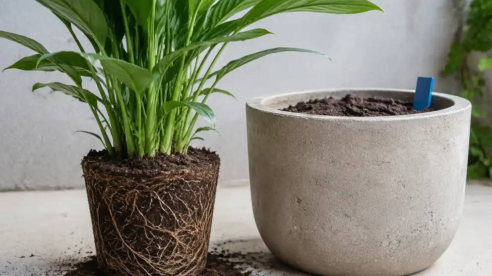 Planta frondosa con el cepellón expuesto junto a una maceta más grande llena de tierra.