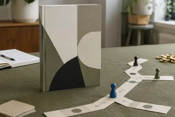 Juego de mesa con un camino ramificado, tres peones de colores, un libro y una pila de monedas.