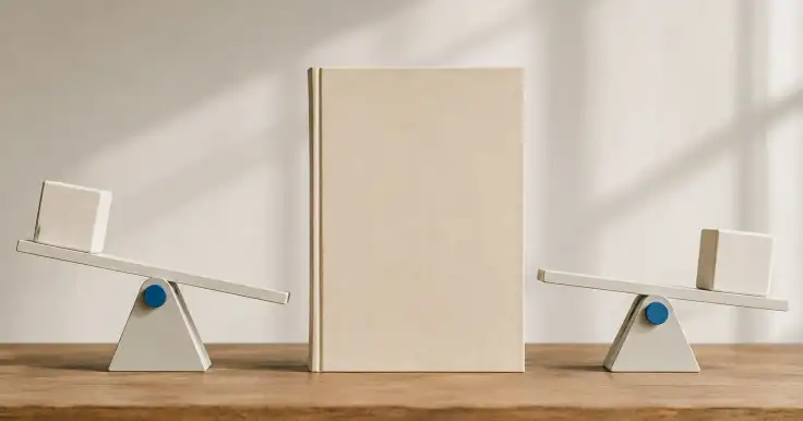 Libro cerrado entre dos balanzas inclinadas en sentidos opuestos, cada una con un bloque blanco.