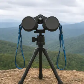 Binoculares sobre un trípode frente a un paisaje montañoso boscoso.