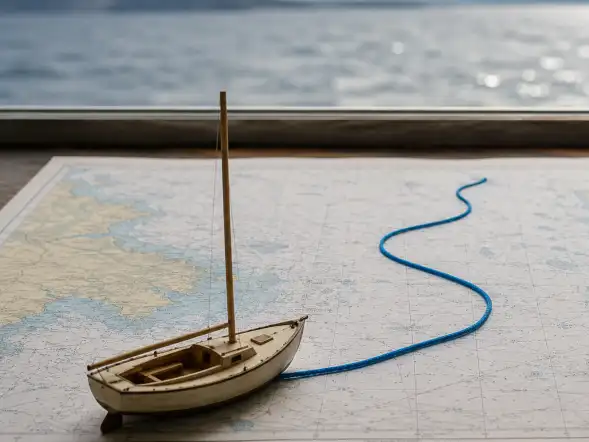 Pequeño velero de madera sobre un mapa, unido por un cordón azul que dibuja una ruta.