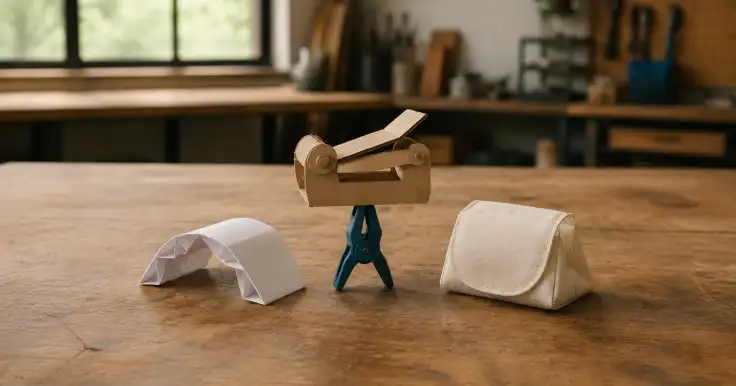 Tres pequeñas maquetas de cartón sobre una mesa de trabajo, incluida una pieza sostenida por una pinza azul.