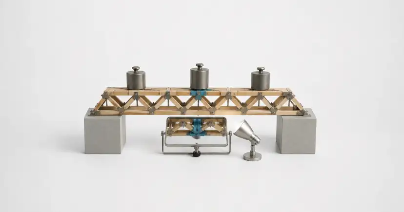 Maqueta de un puente de madera con tres pesos cilíndricos sobre la cubierta y un medidor debajo.