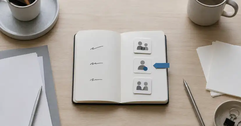 Cuaderno abierto con tarjetas que muestran iconos de personas, rodeado de tazas y papeles sobre una mesa.
