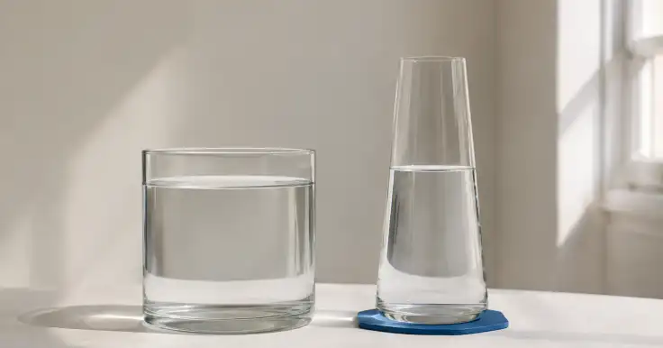 Dos vasos de formas distintas contienen agua a diferentes alturas sobre una mesa iluminada.