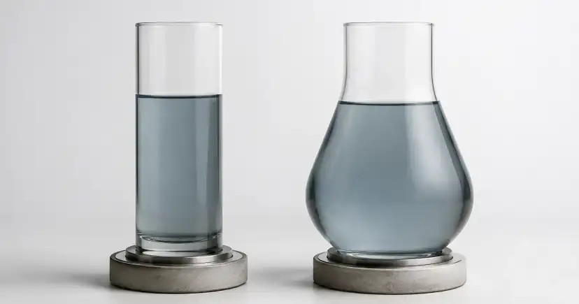 Dos recipientes transparentes de formas distintas contienen líquido gris hasta alturas diferentes.
