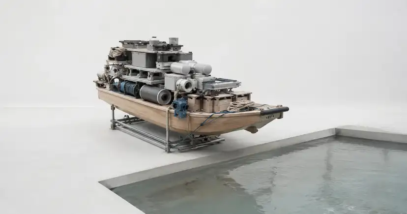 Model of a mechanical vessel beside a shallow pool in a white room.