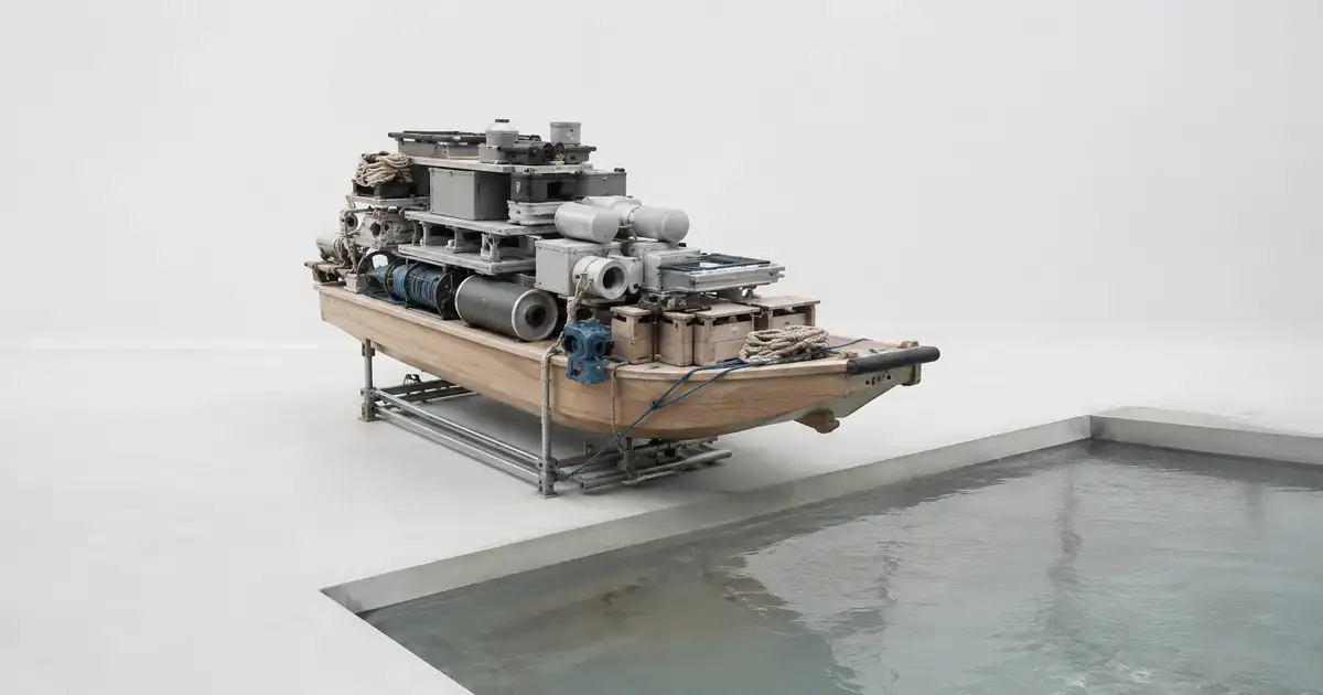 Maqueta de una embarcación mecánica junto a un estanque poco profundo en una sala blanca.
