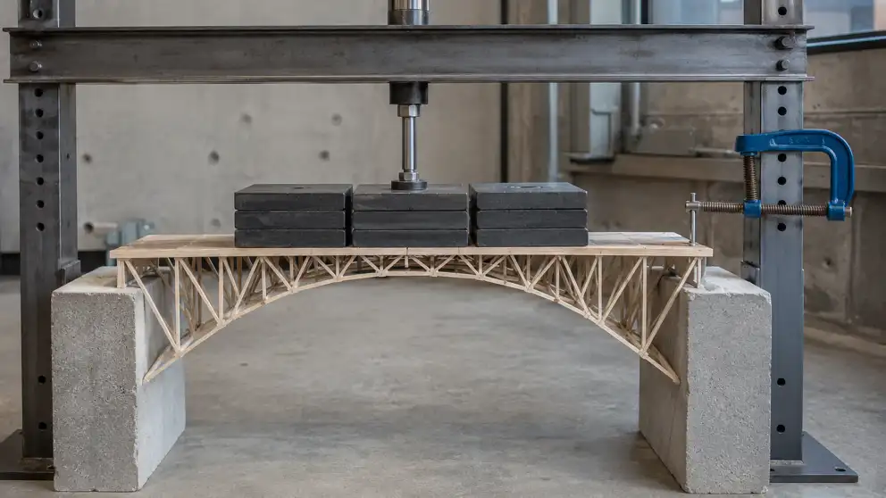 Maqueta de puente de madera bajo una prensa que aplica pesos sobre la estructura.