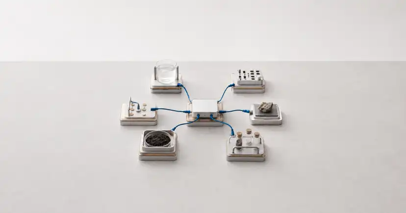 Pequeños recipientes, instrumentos y muestras conectados por cables azules sobre fondo blanco.