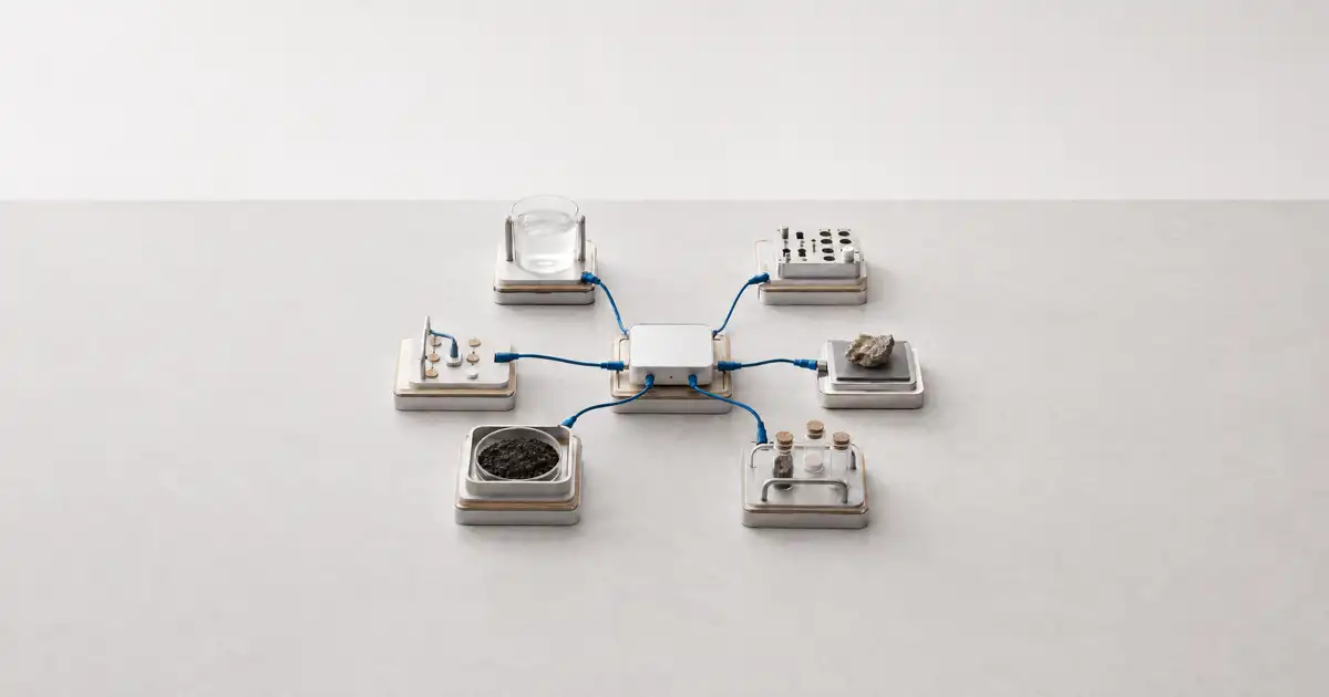 Pequeños recipientes, instrumentos y muestras conectados por cables azules sobre fondo blanco.