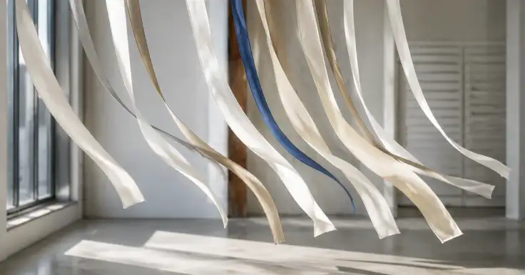 White and blue fabric strips hang in front of a window, moving in the breeze.