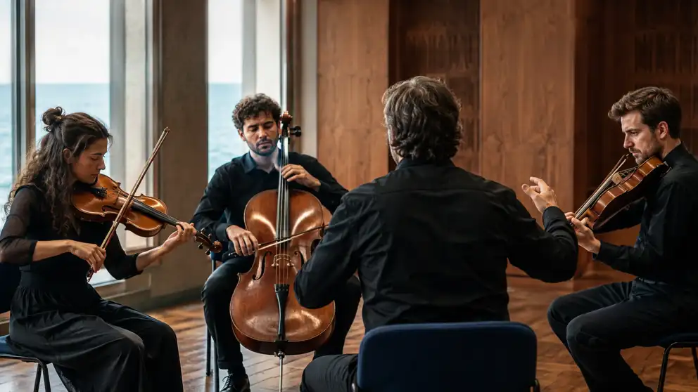 Un cuarteto de cuerdas ensaya mientras un director coordina a los músicos desde el centro.