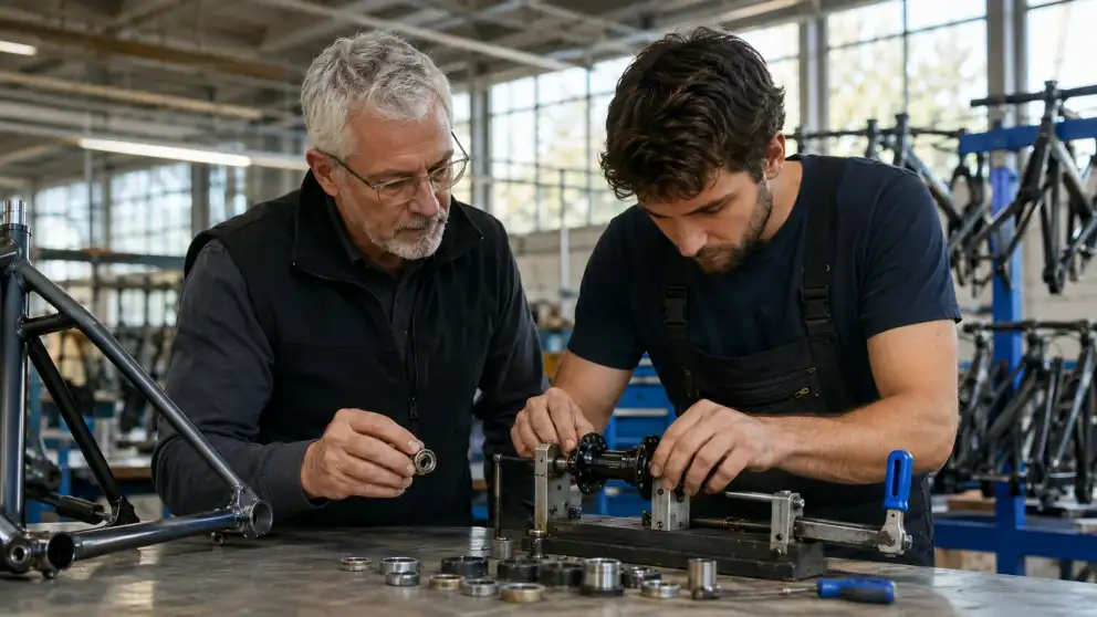 Dos técnicos revisan y ajustan un mecanismo sobre una mesa en un taller de bicicletas.