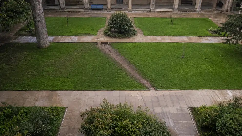 Un sendero de tierra cruza en diagonal el césped, ignorando los caminos pavimentados del jardín.