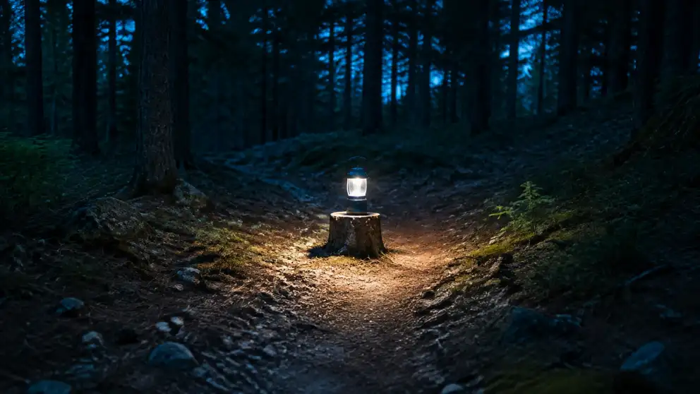 Una linterna ilumina un tramo concreto de un sendero oscuro dentro de un bosque.