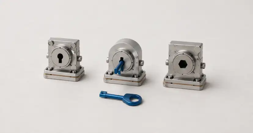 Tres cerraduras metálicas muestran diferentes estados; una llave azul está insertada en la cerradura central.