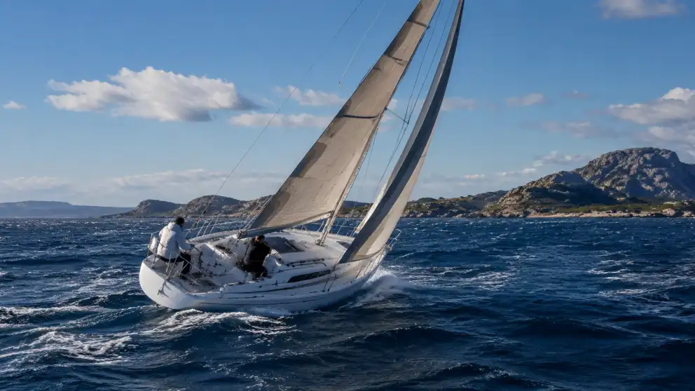 Un velero navega inclinado por el viento frente a una costa rocosa.
