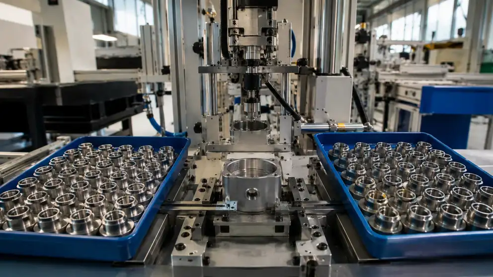 Una línea automatizada de producción trabaja entre dos bandejas llenas de piezas metálicas.