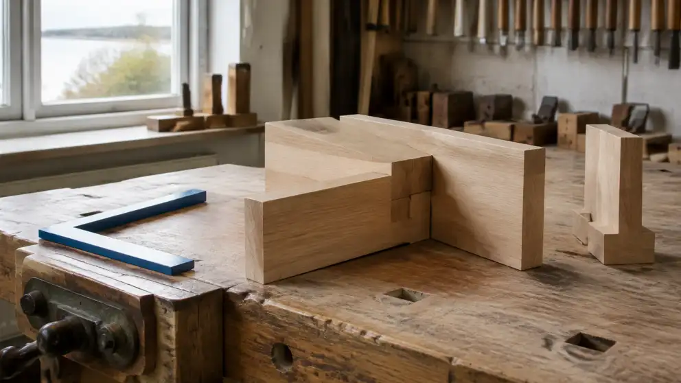 Varias piezas de madera con uniones y formas distintas están dispuestas sobre un banco de carpintería.