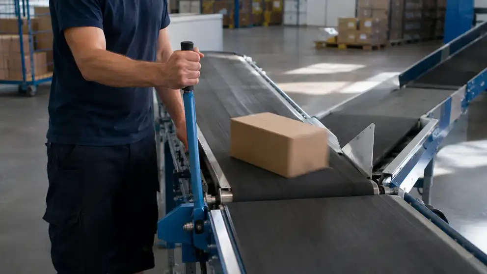 Una caja avanza por una cinta transportadora hacia un punto de desvío accionado manualmente.