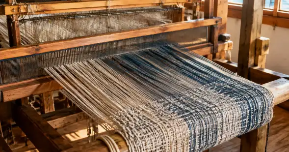 Un telar de madera produce una tela tejida al entrelazar numerosos hilos en una estructura común.